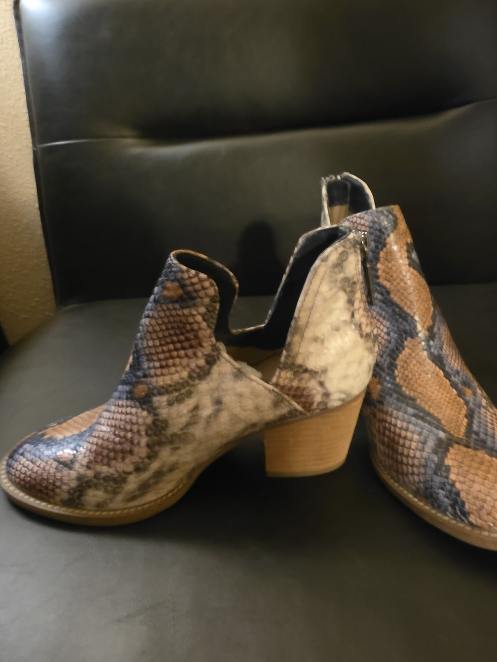 Blondo Snake-Print Cutout Block Heel Booties - Brown. Sz 6.5 Waterproof